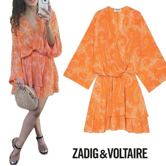 Zadig & Voltaire Hailey Paisley Silk Dress Orange – Size Small – Worn Once